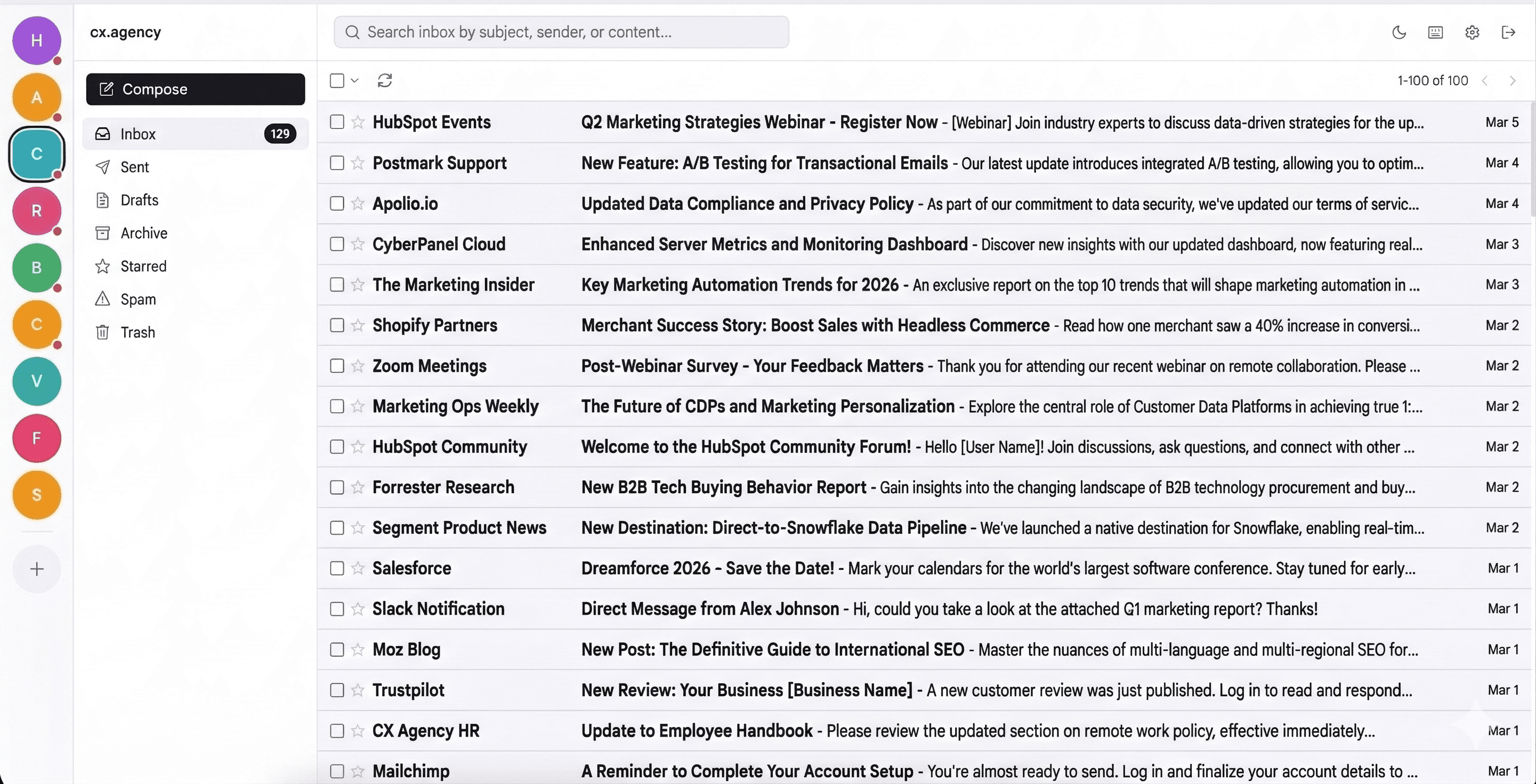 inboxes app showing multi-domain inbox